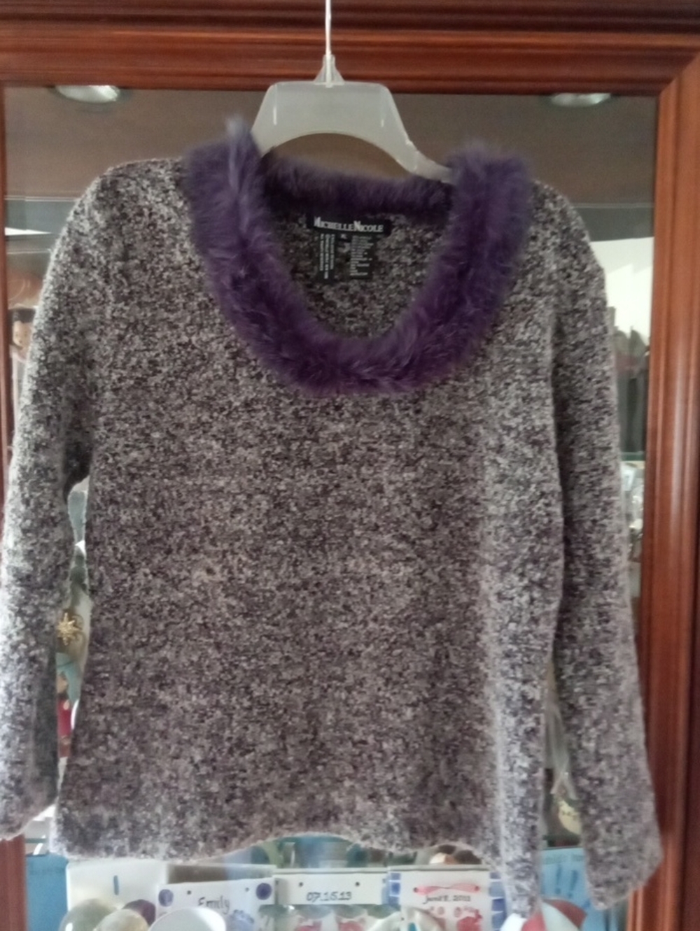 Michelle Nicole Gray Sweater with Purple Faux-Fur Trim